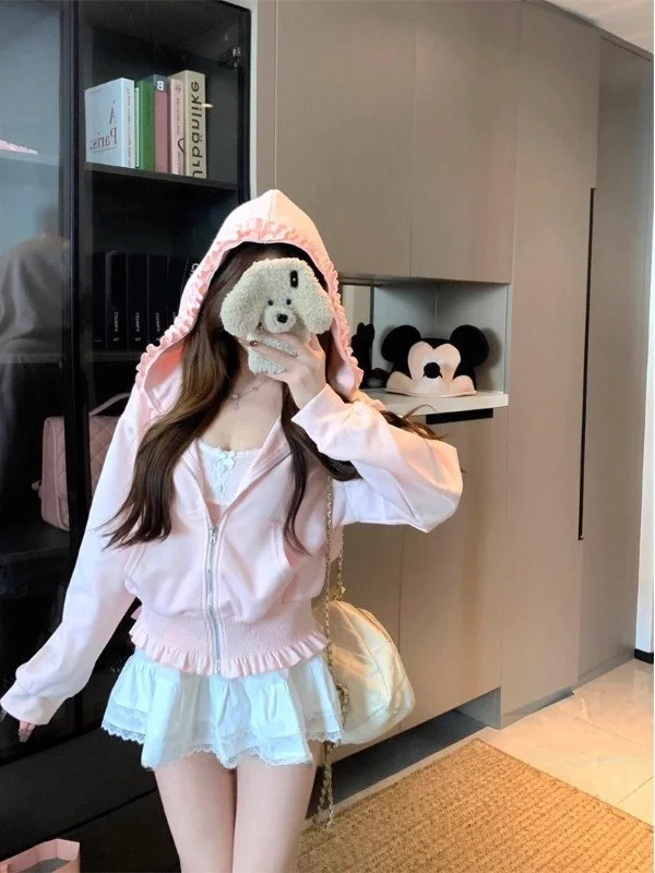 เสื้อคาร์ดิแกนมีฮู้ดสีชมพู ดีไซน์แฟชั่นสำหรับผู้หญิง รัดเอว ทรงหู ดูดี สไตล์เกาหลี แขนยาว ผ้าฝ้ายด้านใน