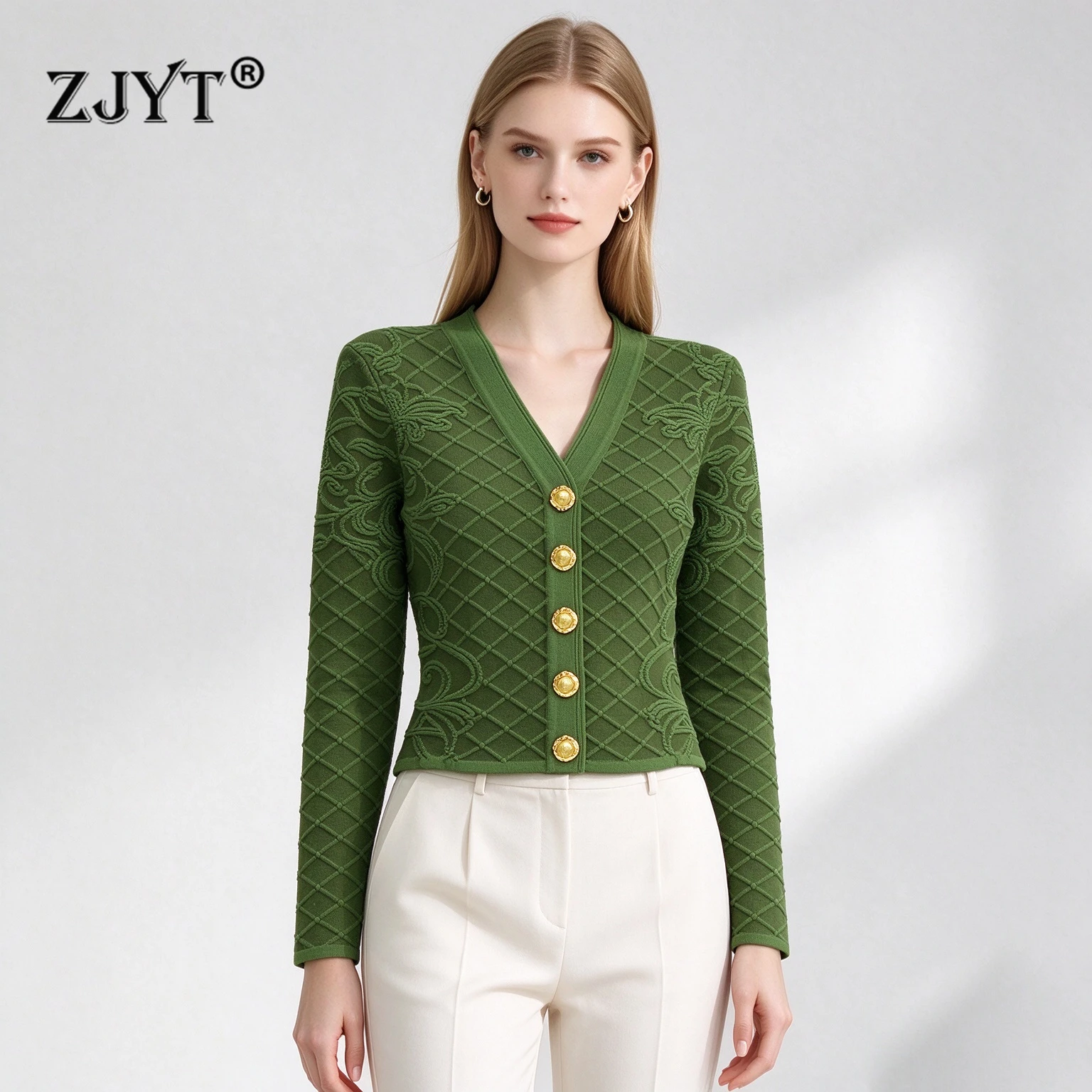 ZJYT Fall Winter Knitted Cardigans Sweater Women 2026 Fashion Full Sleeve Jacquard Knit Tops Female Jumper Mujer Red Knitwears
