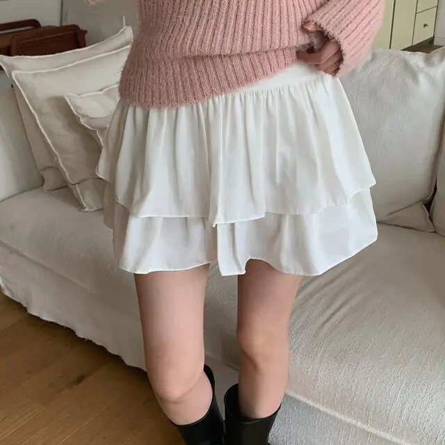 Gonna a pieghe dolce chic a vita alta con orlo in pizzo Pantaloni Se incorporati Anti-luce ort A-Line Colore puro Dimagrante versatile