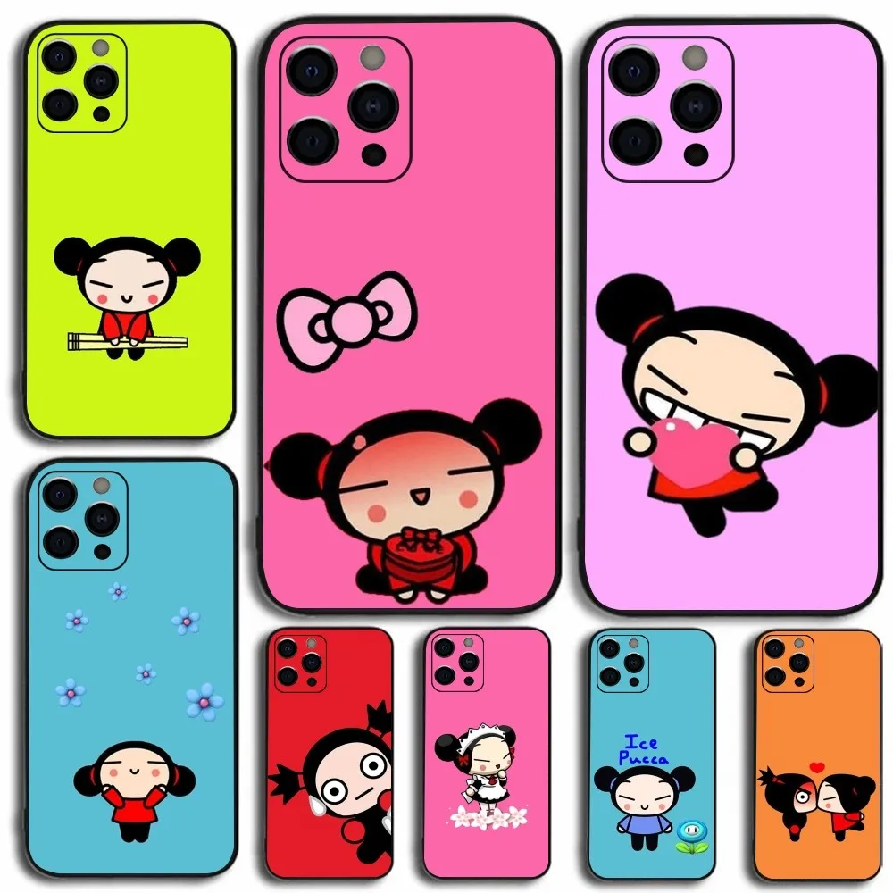 Cute Cartoon P-Pucca Garu Phone Case For Apple iPhone 15,14,13,12,11,Pro,X,XS,Max,XR,Plus,Mini Soft Black Cover