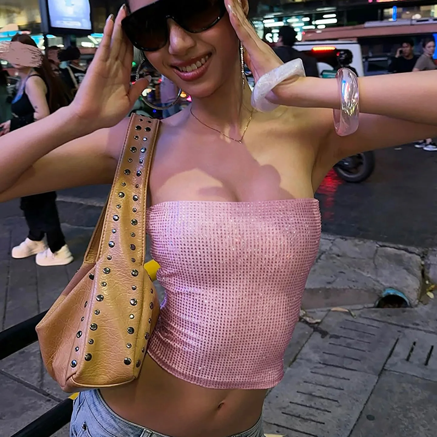 Cryptographic Sexy Female Clothing Iridescent Sequin Strapless Tube Crop Top Y2K Chic Girls' Daily Outfits Bold Night Clubwear