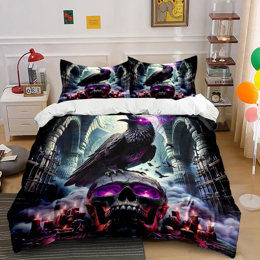 Raven perches in castle surrounded by candles Print Bedding Set 1 Duvet Cover 2 Pillowcases for Adult and Children Luxury Gift