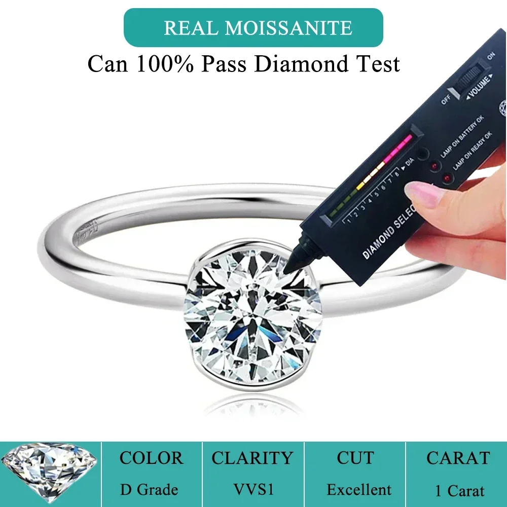 GRA Certified 1CT Half Bezel Moissanite Engagement Rings for Women 925 Sterling Silver Solitaire Diamond Wedding Band Jewelry