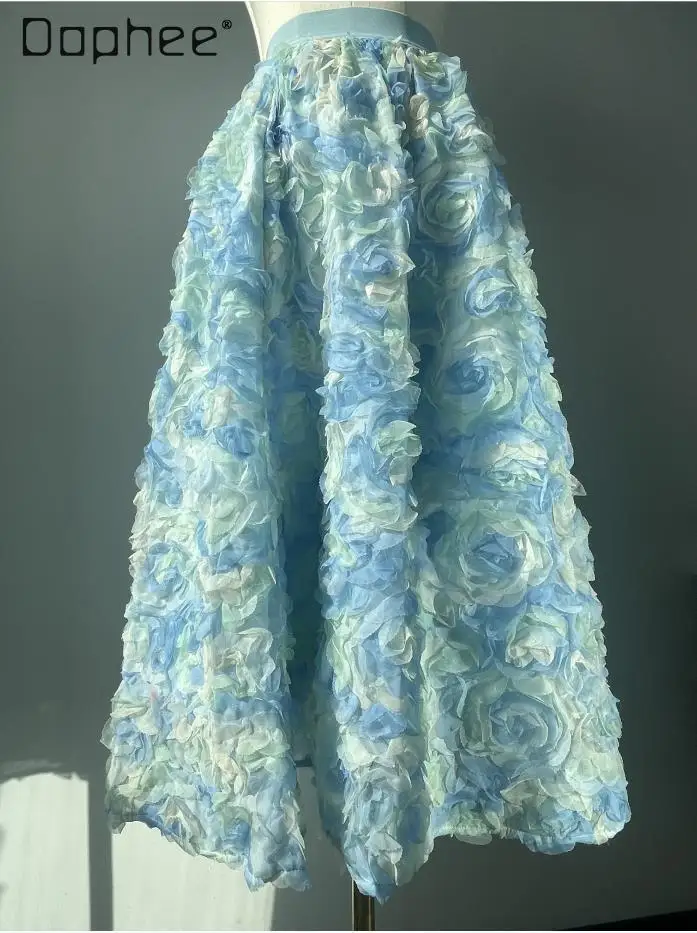 

Fairy Blue Three Dimensional Floral Tulle Long Skirt Mesh Elegant Women Elastic High-Wasit Luxury 2024 Summer Female Trendy