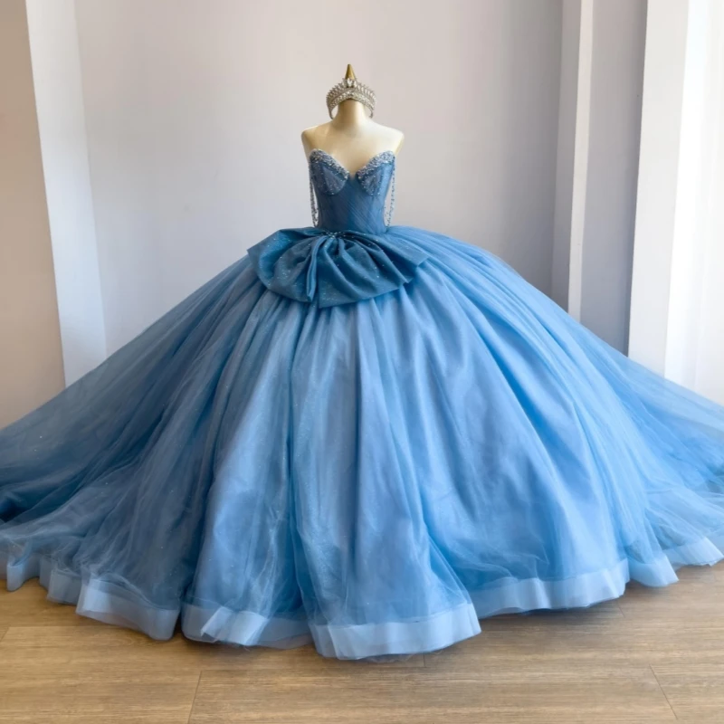 

Blue Shiny Quinceanera Dresses Off The Shoulder Crystal Beading Bow Tull Corset Party Birthday Sweet 16 Dress Vestidos 15 Anos