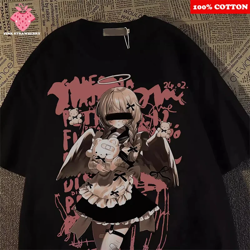 

Japanese Anime Girl Print T-shirt Women Men Summer 2025 New 100% Cotton Short sleeve T-shirt Loose Y2k Top Sweet Street Clothing