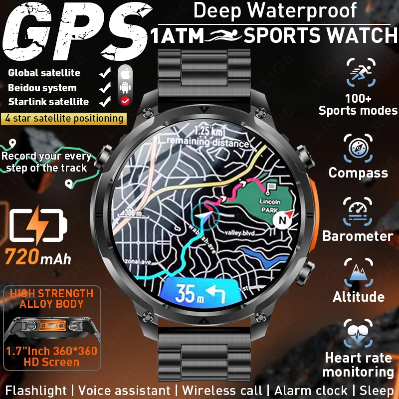 

LIGE GPS Smart Watch 1.7" HD Display Built-in Compass Barometric Altimeter Flashlight Bluetooth Voice Call Smartwatch 100+ Sport