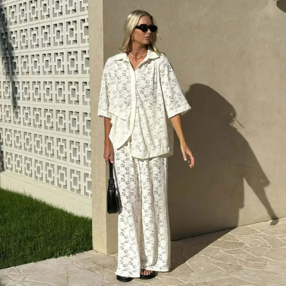 

Women's White Beach Pant Sets Sexy See Through Holiday 2 Piece Set Summer Short Sleeve Blouse and High Waist Pant Outfits 2025