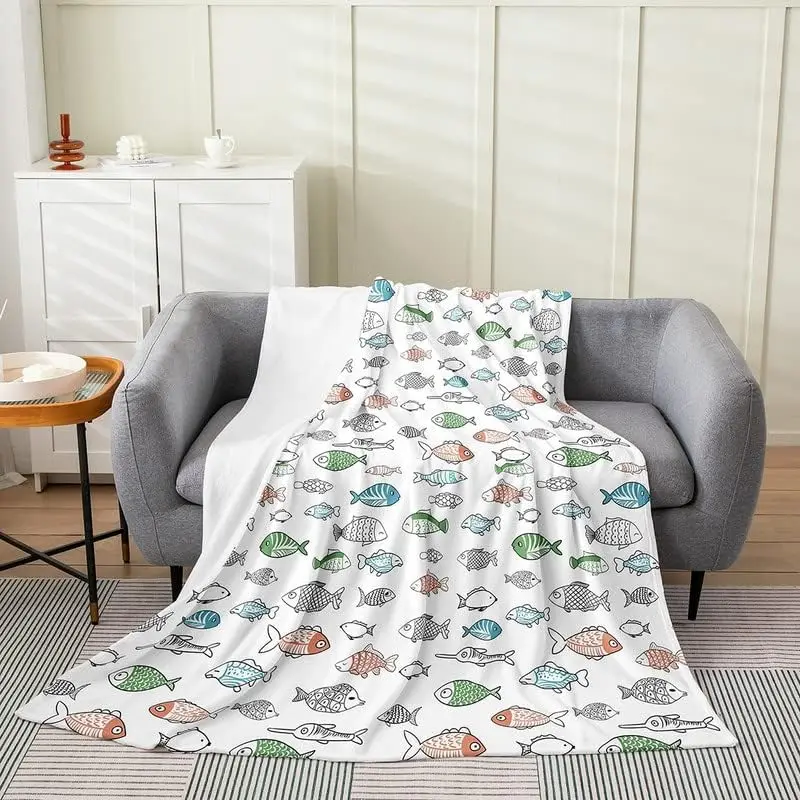 Cute Fish All Season,Bed Blanket Cartoon Fish Pattern Plush Throw Blanket, Underwater World Animals Flannel Fleece