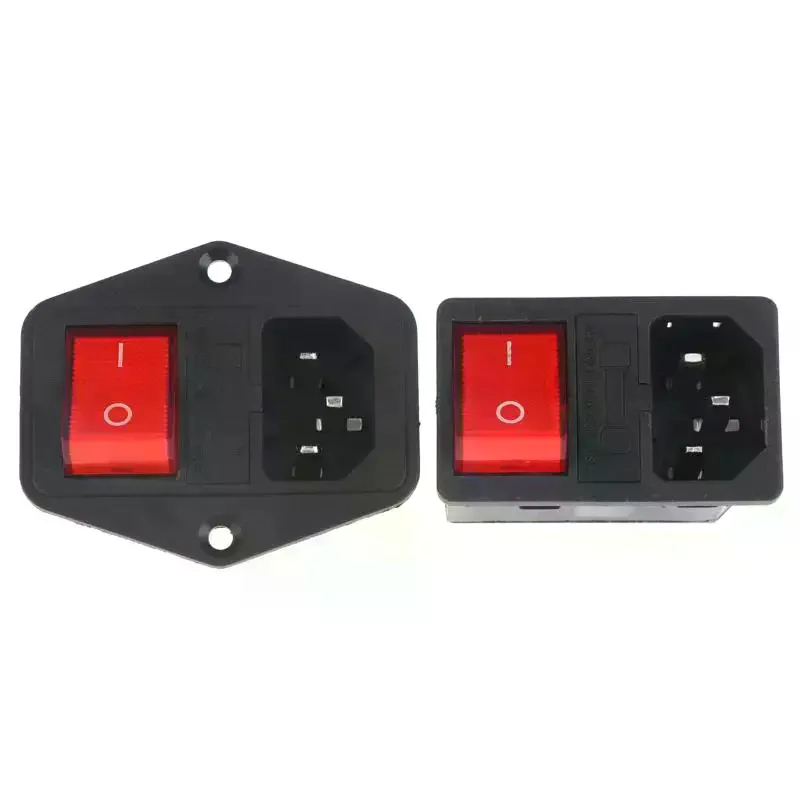 C14 Electrical AC Socket 3 Pin Red LED 250V Rocker Switch 10A Fuse Female Male Inlet Plug Connector Embedded Socket Mount IEC320