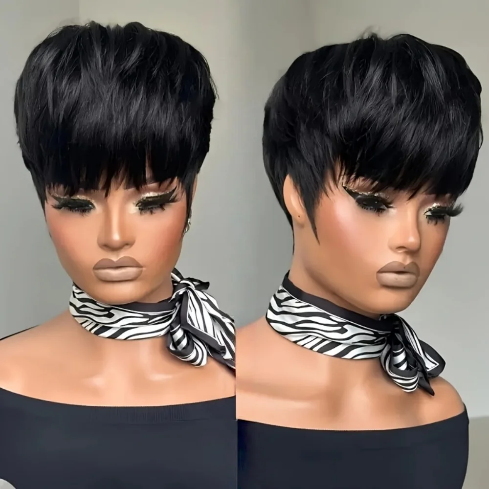 Parrucca corta con taglio pixie con frangia Parrucca per capelli lisci naturale bionda/rossa completamente realizzata a macchina