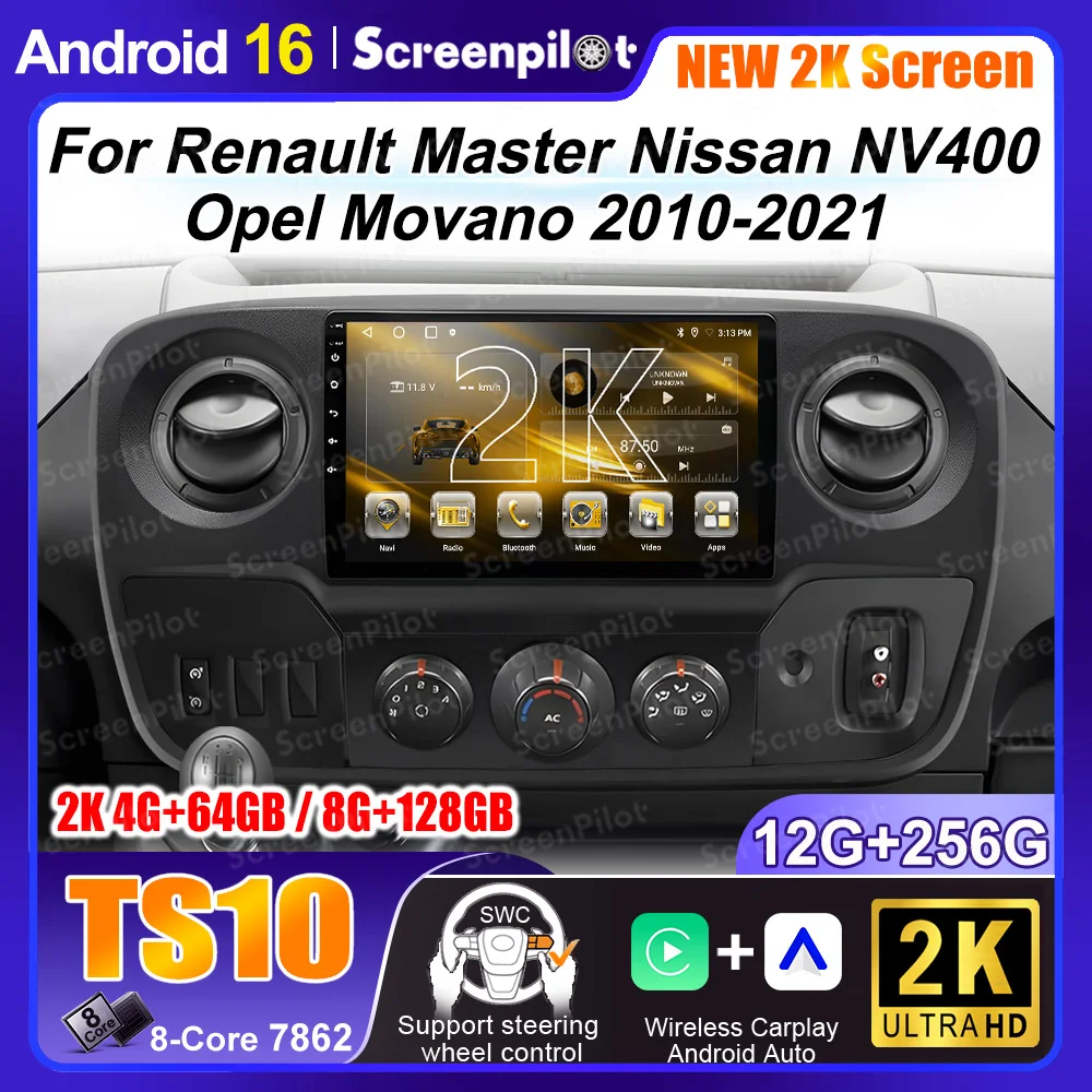 Android 16 para Renault Master, Nissan NV400, Opel Movano 2010-2021, Reprodutor Multimídia Automotivo, GPS, Navegação, Rádio, Estéreo, HDR, Câmera de Painel