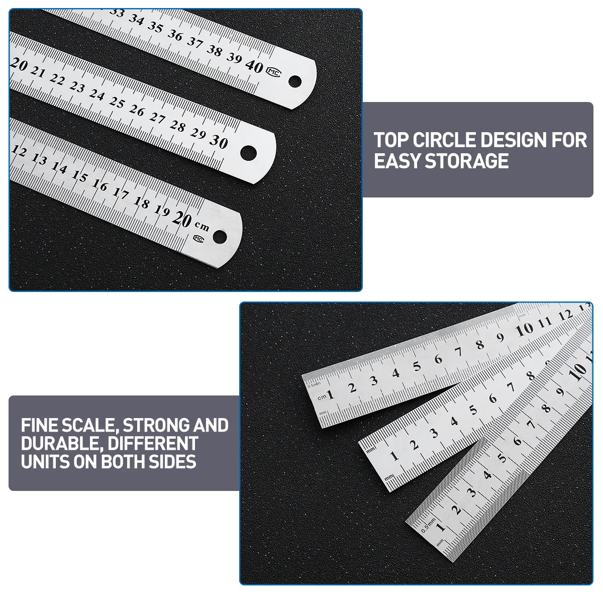 3Pcs Stainless Steel Ruler 20cm 30cm 40cm Double Side Measuring Mark Easy Storage Hole High for Engineering