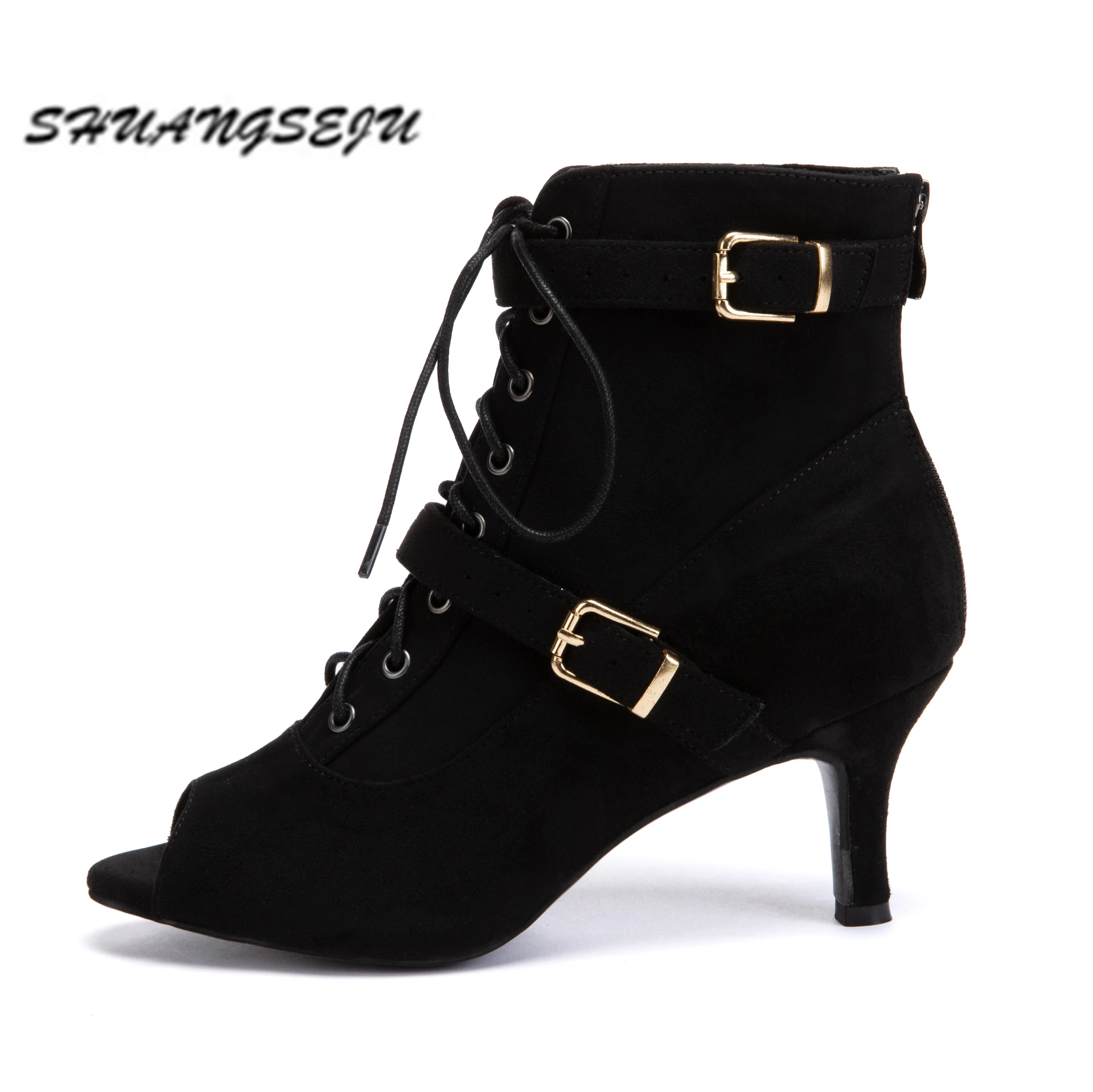 New Women's Black Suede Metal Buckle High Heel Lace-Up High Top Jazz Boots, Latin & Popping Dance Shoes with Full Rubber Sole