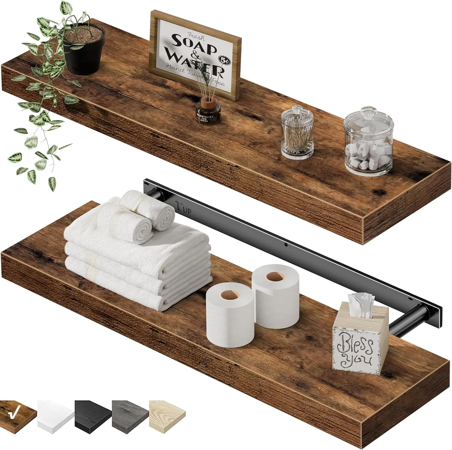 

Floating Shelves Set of 2, Rustic Brown 23.6" Long Wall Mounted Shelf for Bathroom Kitchen Living Room