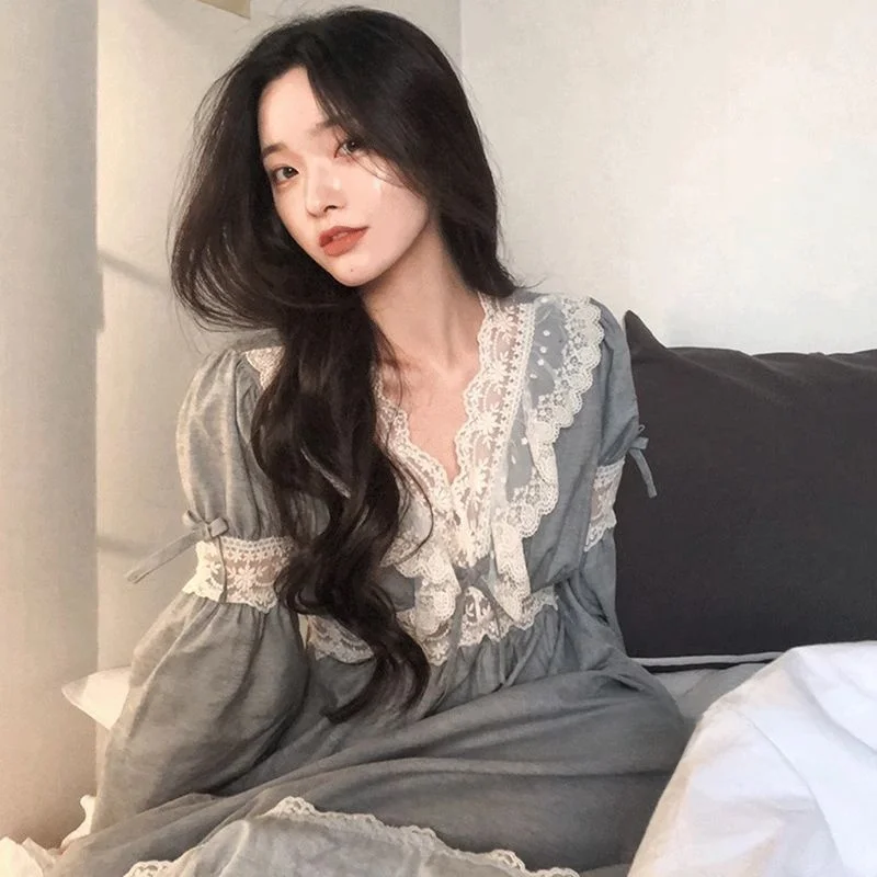 新しい純綿スリープドレス女性の長袖秋春冬ホーム服生き抜くコートスタイルロングドレスホームスーツ 1