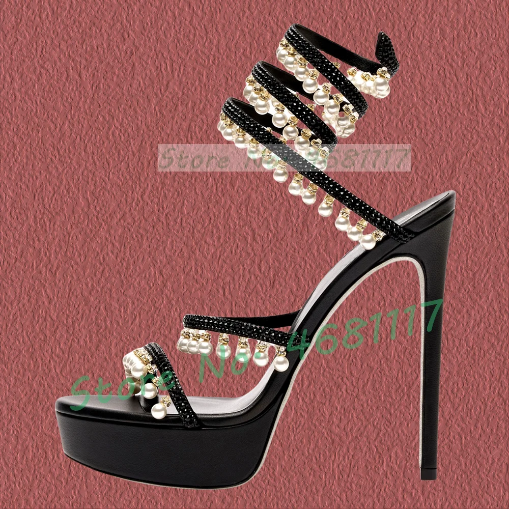 

Pearl Pendant Snake Strap Platform Sandals Women Elegant Shimmer Jewels Open Toe High Heel Ladies Summer Luxury Party Bead Shoes