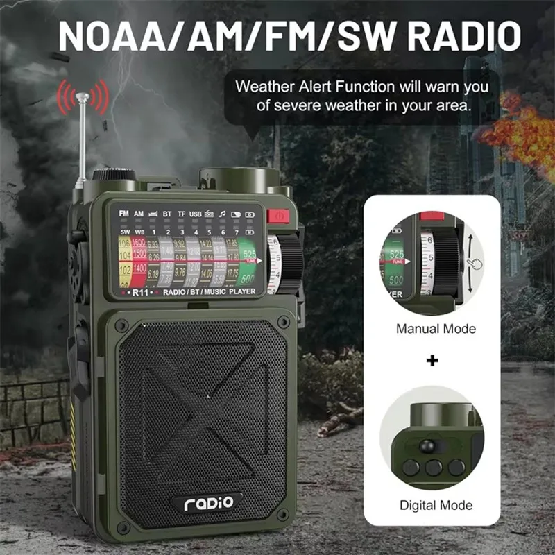 Radio Portátil Solar de Emergencia R11 con Manivela, AM/FM/SW, Banda Completa, USB, BT 5.0, Altavoz con Dinamo, Linterna, Brújula y SOS