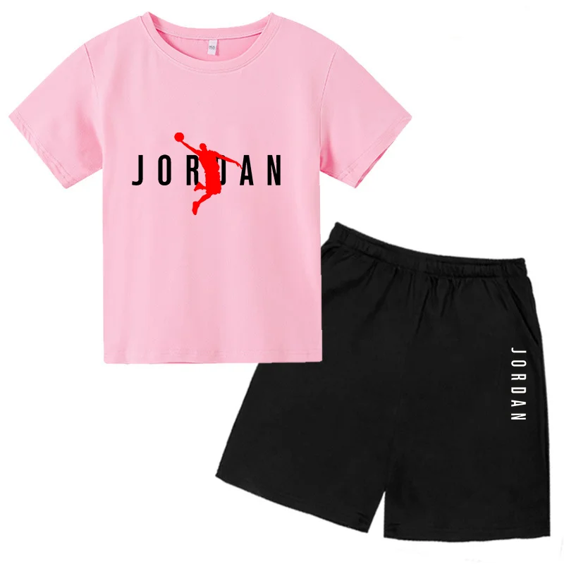 Children\'s Summer brand T-shirt Top + Shorts Boy Girl letter Pattern Fashion Casual Home Outdoor Sports basketball star Clothes