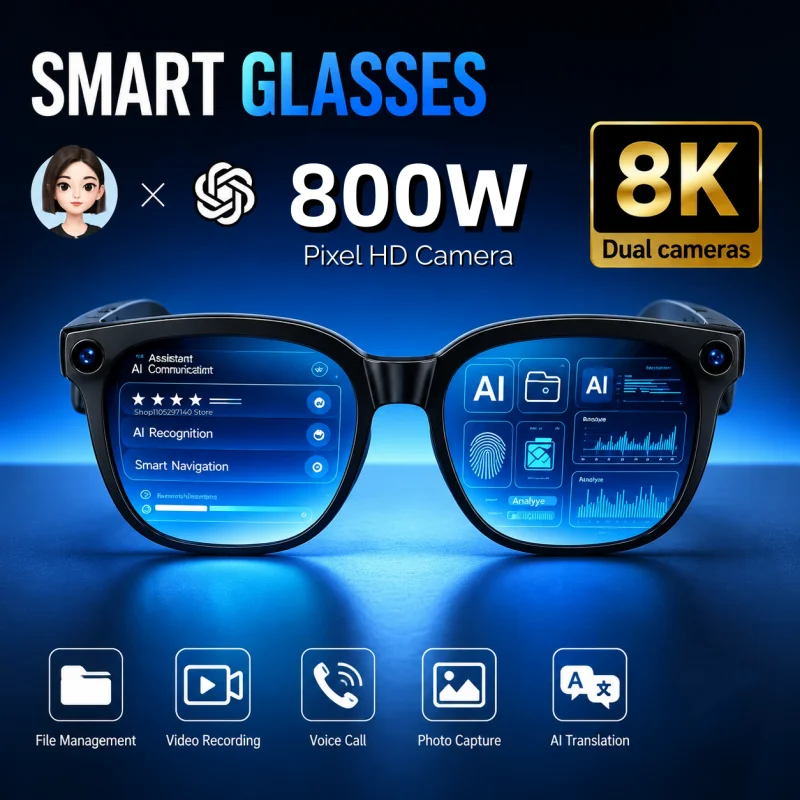 

2026 New Smart AI Glasses 800W Shooting Camera HD Photo Video Voice Call Translation Waterproof Bluetooth AI Motorcycle Glasses