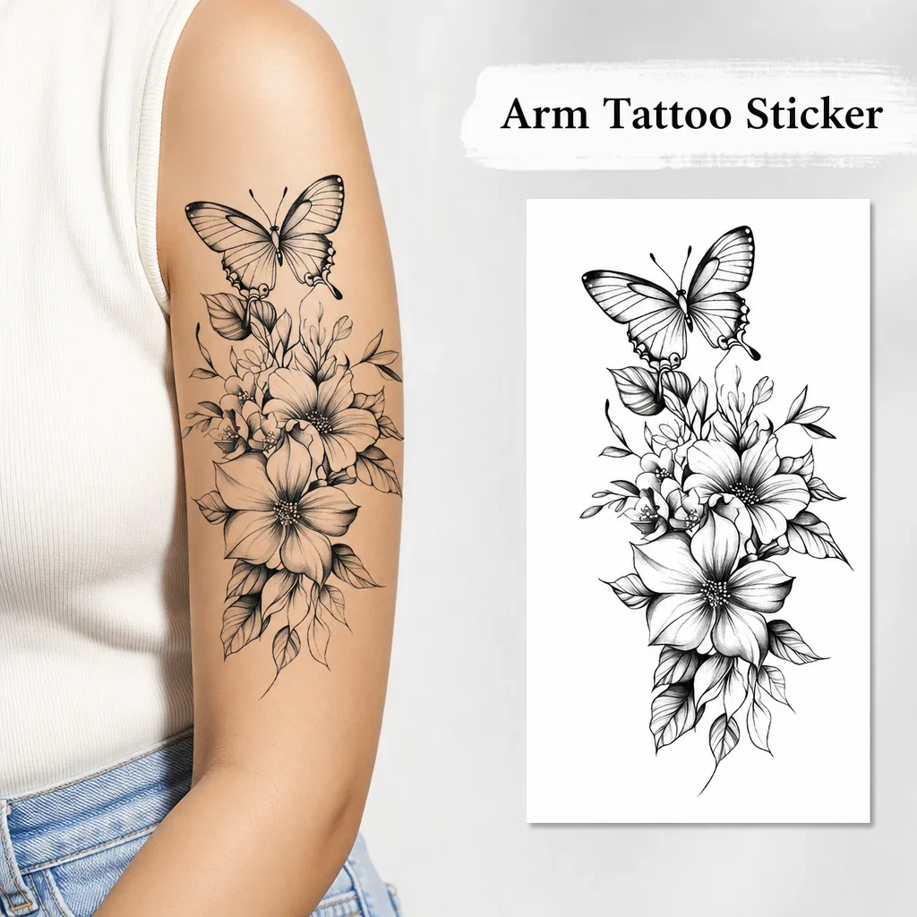 Butterfly Floral Temporary Tattoo Sticker, Disposable Waterproof Arm Tattoo Decal