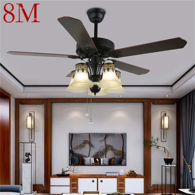 8M European Luxury LED Fan Light American Retro  Living Room Restaurant Bedroom Ceiling Fan Light Remote Electric Fan Light