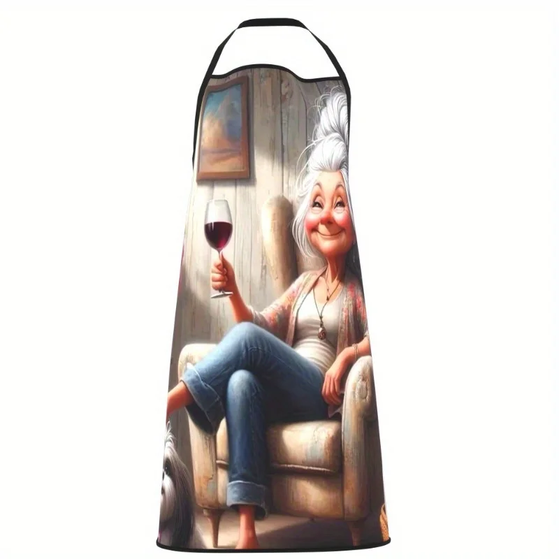 Polyester Chef Apron for Men & Women - Grandma Drinking Red Wine Design, Perfect Gift for Dad, Husband, Boyfriend, Brother, Mom