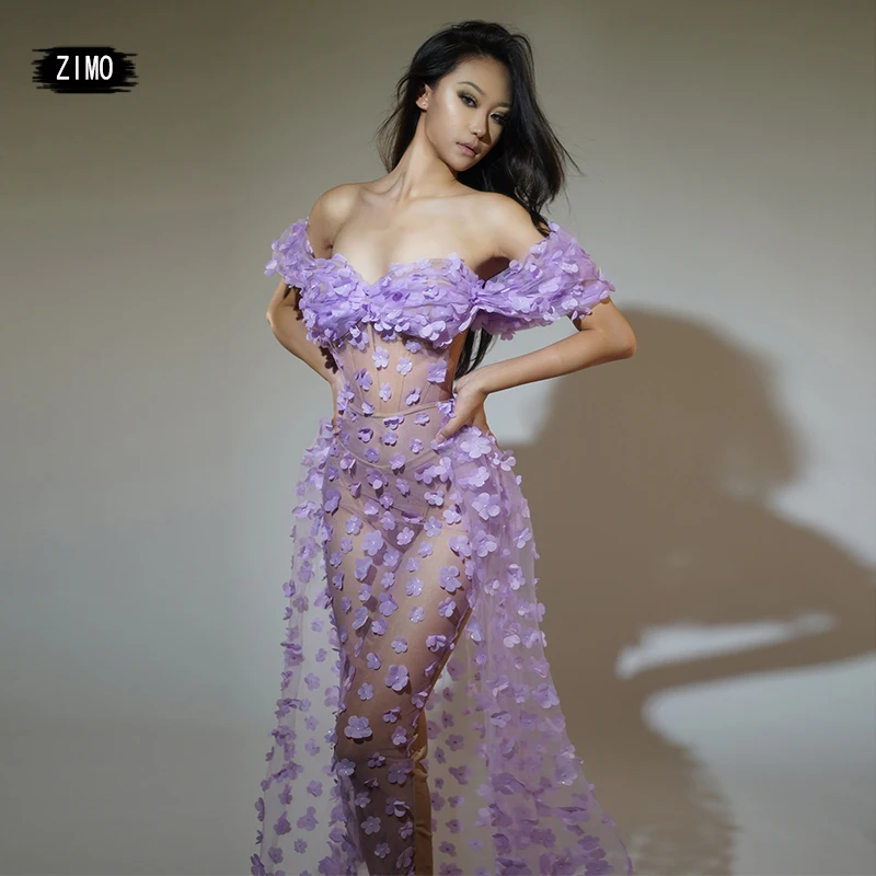 

Sexy ​mesh Transparent Flower Drag Queen Costume Women Off Shoulder Long Dress Club Birthday Party Prom Celebrate Singer Outfits