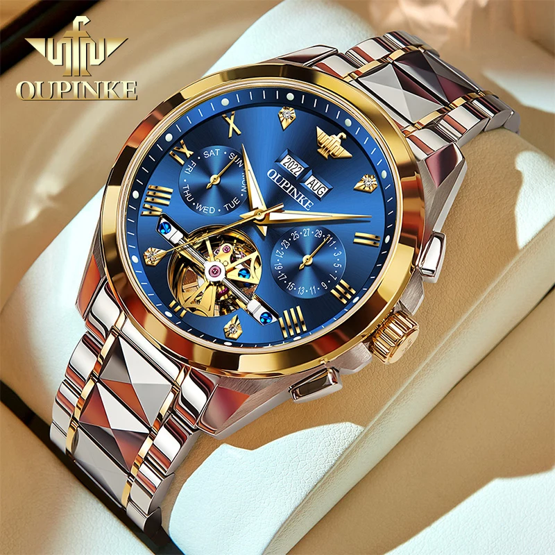 OUPINKE 3186 Mens Watch Luxury Automatic Mechanical Watch 50M Waterproof Luminous Multifunctional Chronograph Watches For Men