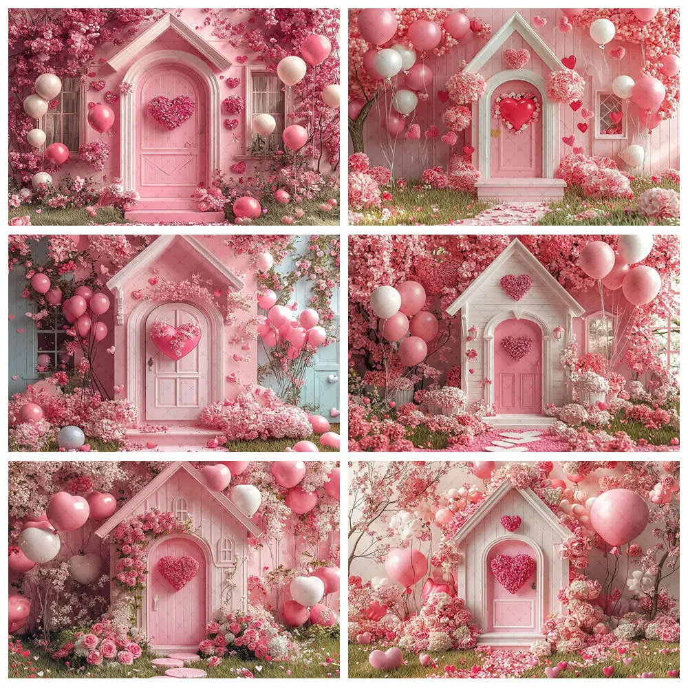 

Valentine's Day Pink House Photography Background Floral Balloons Love Kids Birthday Portrait Decor Backdrop Photo Studio Props