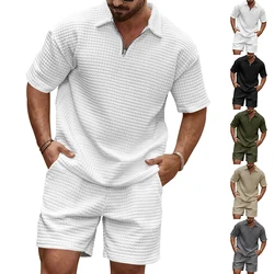 Men's Short Sleeved Sports Set, Casual Fashion, Comfortable, Monochromatic, Collar, 2-Piece Set, Summer, New, 2024