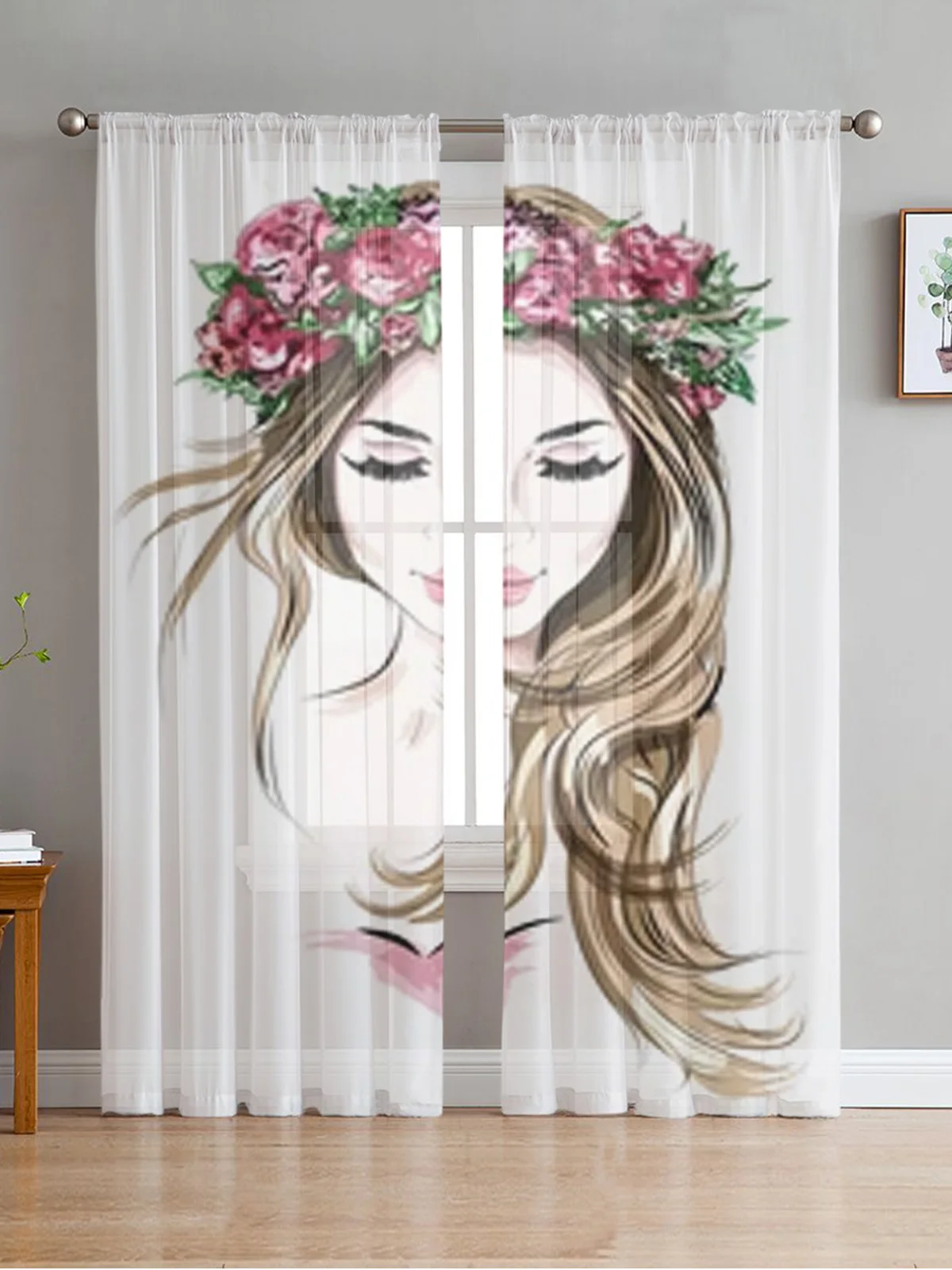 Hand Drawn Beautiful Woman Sheer Curtains Bedroom Voile Curtain Living Room Window Sheer Curtains Kitchen Tulle Drapes