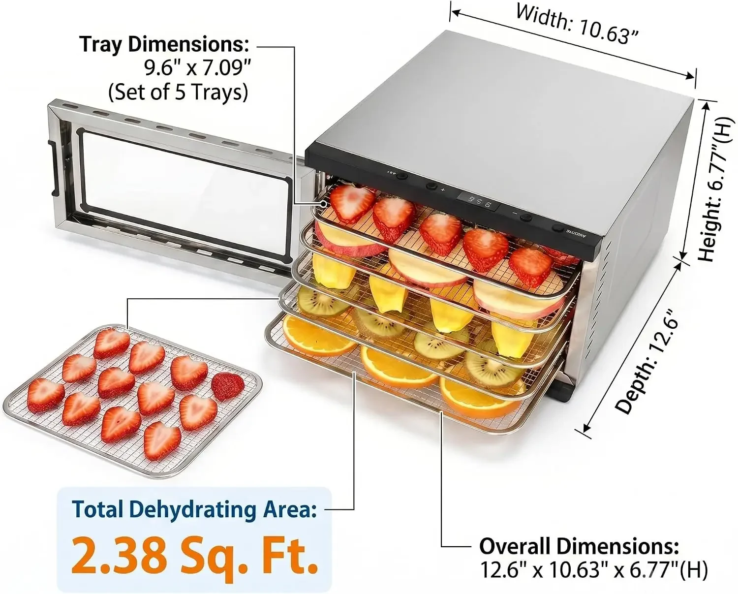 Food Dehydrator Machine - 5 Stainless Steel Trays, Digital Adjustable Timer, 400W, 176°F, Temperature Control, Mini Dryer