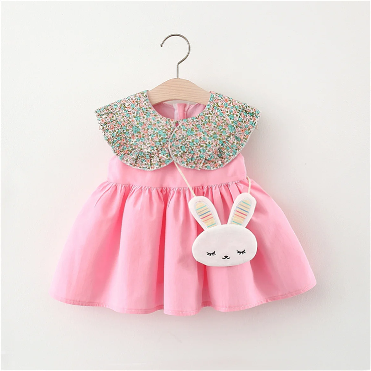 Summer Baby Girl\'s Dress New Floral Doll Collar Splice Sleeveless Daily Dress with Rabbit Bag