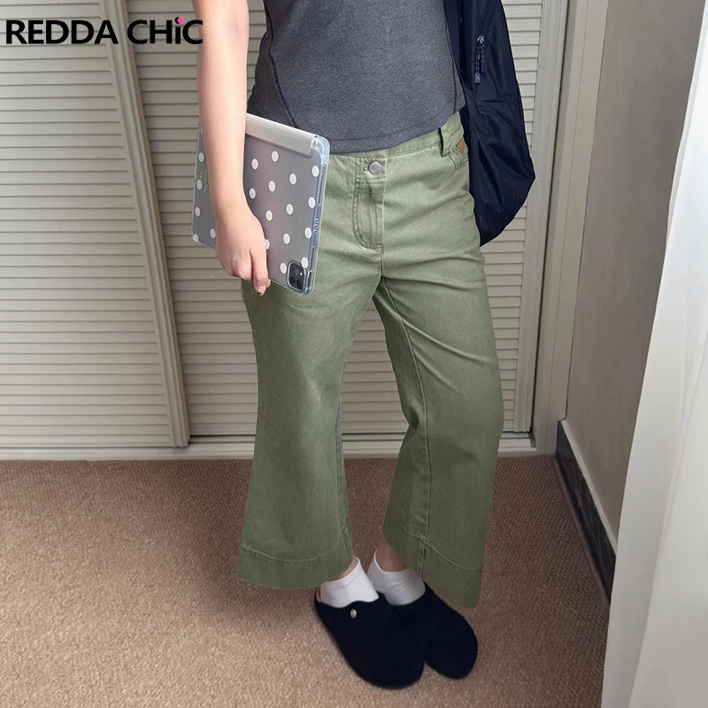 REDDACHiC Pantaloni bootcut corti da donna anni '90 Verde solido Estate Cleanfit Vita alta Doppio bottone Gamba larga Jeans casual Y2k Streetwear