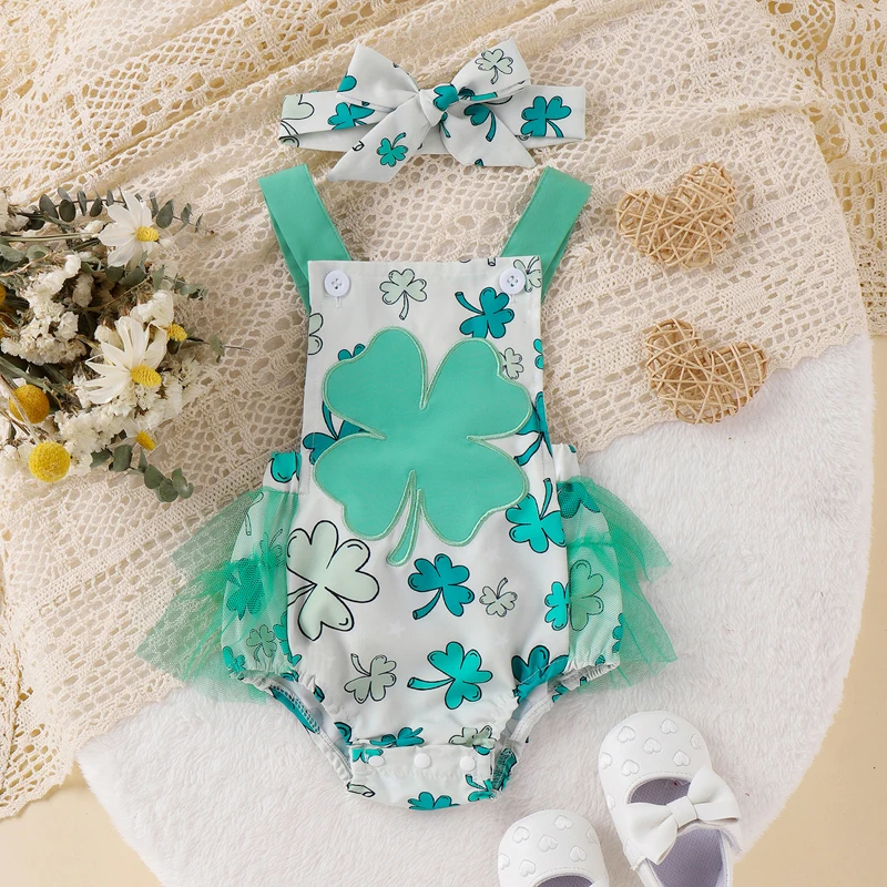 St Patrick s Day Baby Girl Romper with Matching Headband Clover Print Sleeveless Jumpsuit for Ireland Festival Celebration