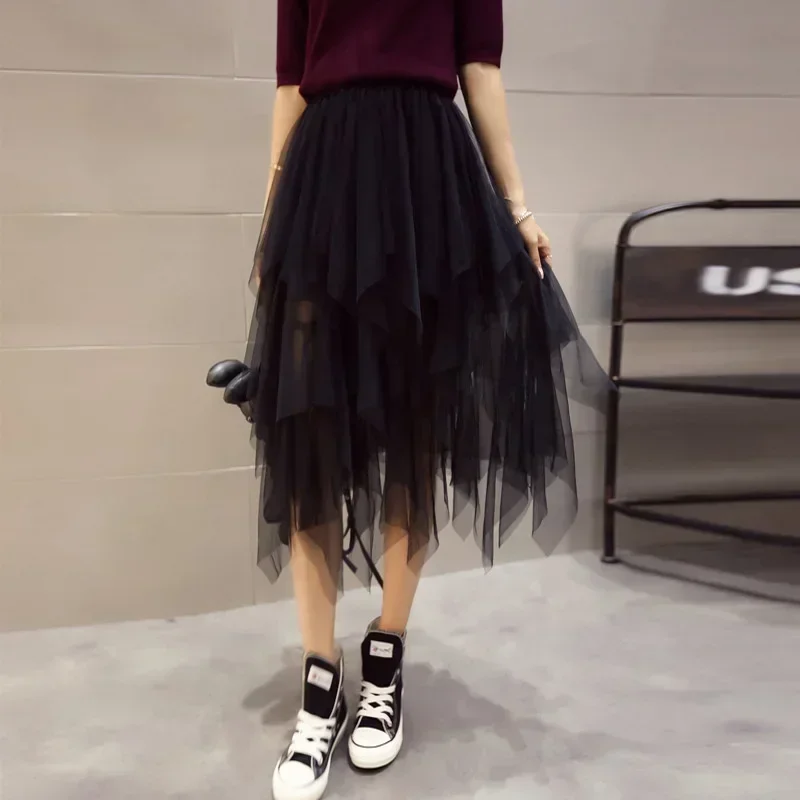 Summer Tutu Women Skirt Harajuku Casual Tulle Bottom Jupe Femme Faldas Fashion High Waist Midi Mesh Skirts Woman Clothing Saia