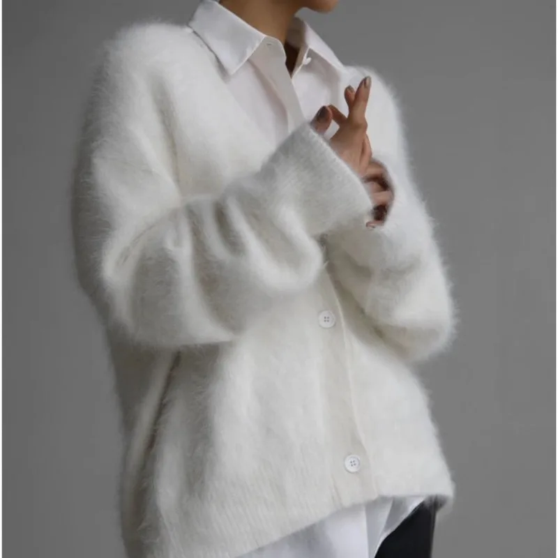 2025 Autunno e Inverno Moda Nuove donne Elegante cardigan in pelliccia di visone lavorato a maglia monopetto con scollo a V caldo giacca maglione allentato