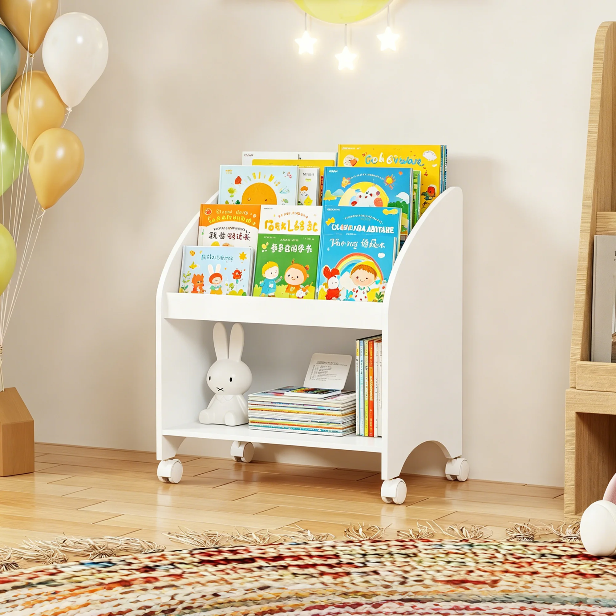 Kids Bookshelf with Wheels, 3-Tier Front Display Bookcase, MDF Rolling Book Organizer with 360° Lockable Casters, Children Storage Shelf for Nursery Bedroom Playroom