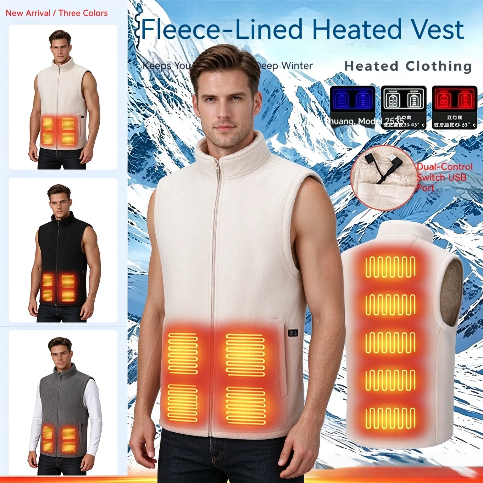 10 Heating Zones Fleece Lined Heated Vest Men Women Dual Control USB Electric Heating Vest 3 Temp Settings Winter Outdoor Ski Bo