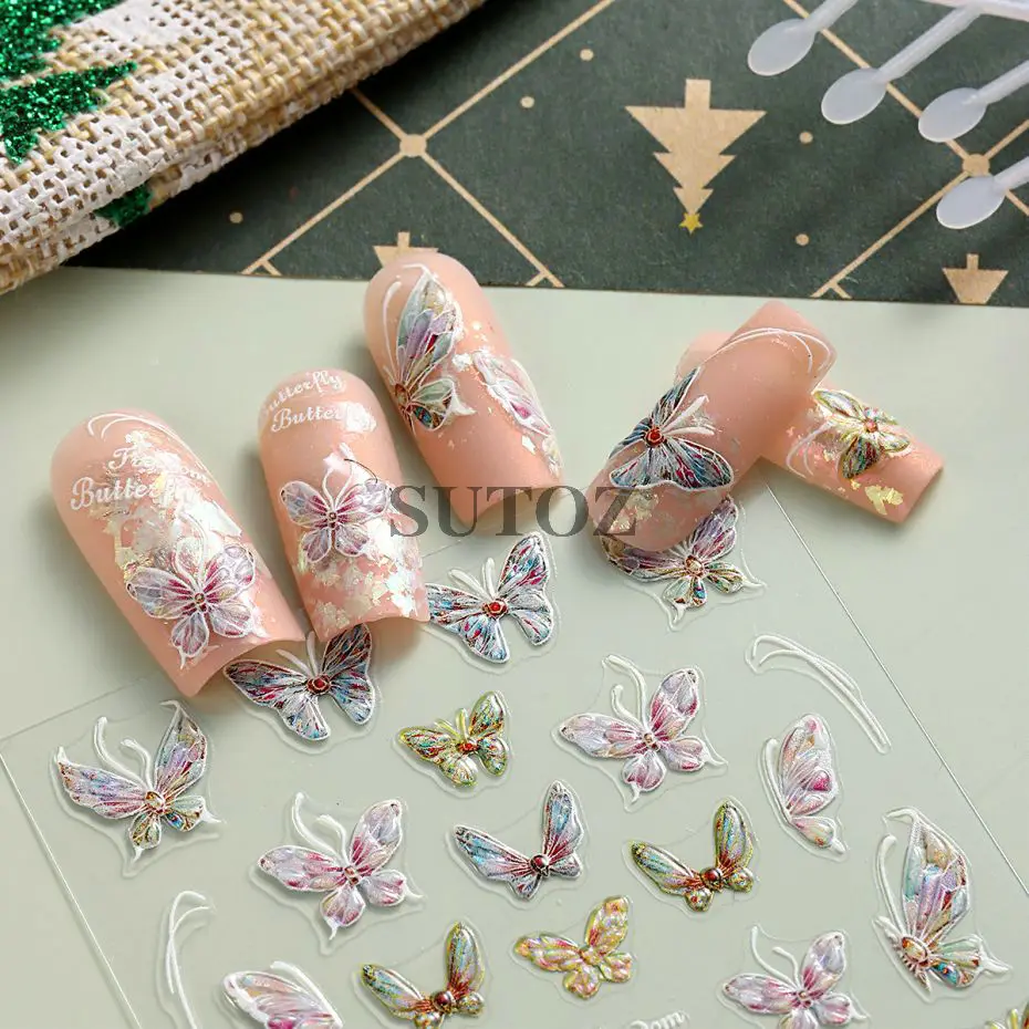 5D Winter Butterfly Nail Stickers Relief Color Butterfly Glitter Design Nail Art Decor Decals Butterfly Fairy Manicure LE5D-R018