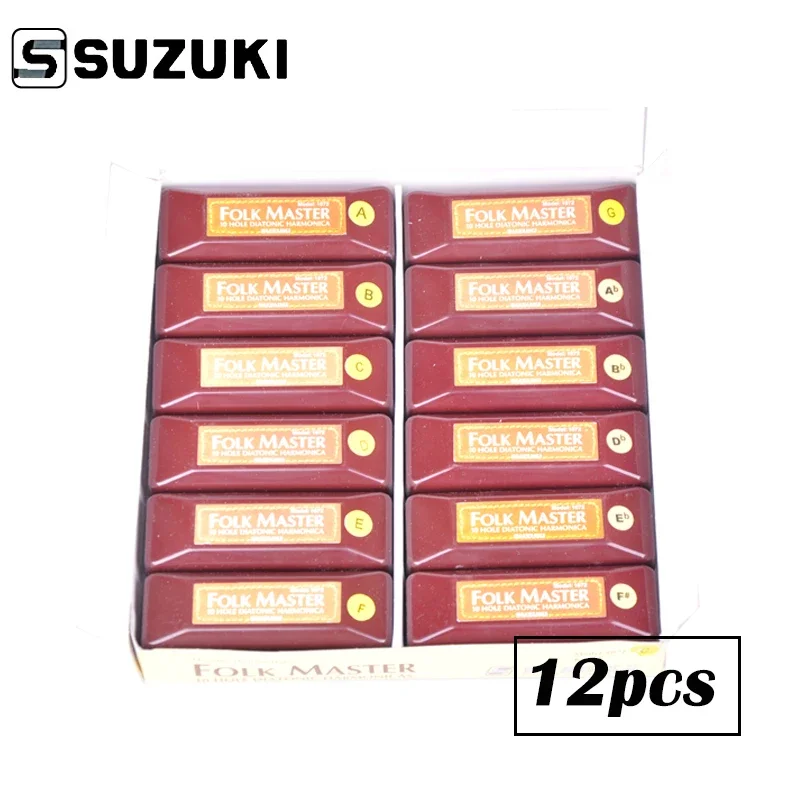 SUZUKI 1072-S Folkmaster Box Set Standard 10 Hole Diatonic Harmonica 12 Tone Blues Harmonica Suzuki Harp Suit [12PCS]