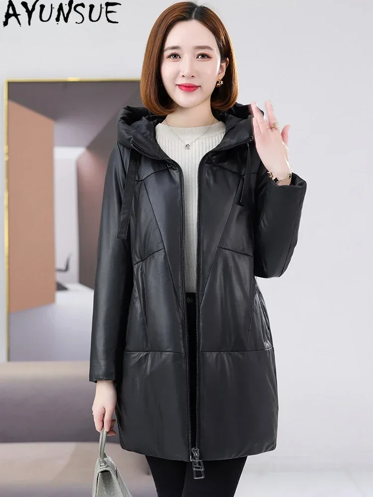 AYUNSUE 100% Real Leather Jacket Women Winter Mid-long White Duck Down Coats Hooded Sheepskin Coat Loose Outerwears Chaquetas