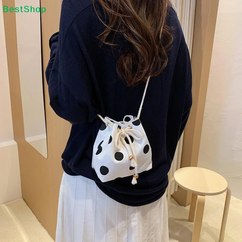 〔Y〕Polka Dot Nylon Drawstring Crossbody Bag Soft Texture Adjustable Strap For Daily Shopping Casual Outings Short Trips