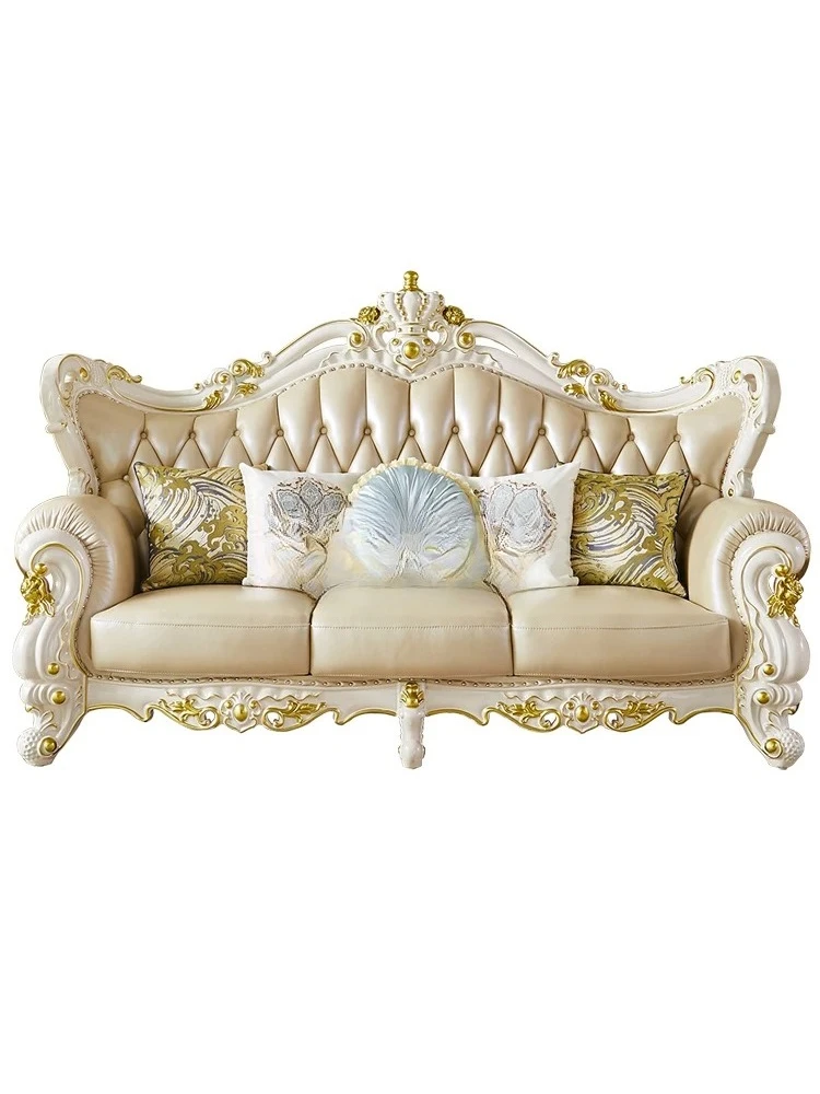 

European leather sofa size apartment solid wood carving flower whole house furniture