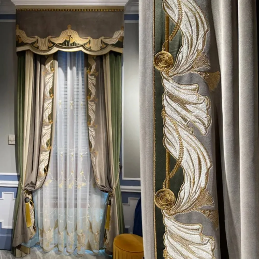 

New High-end Embroidery Grey Velvet Thickened Blackout Curtains for Living Room Bedroom French Window Villa Customization