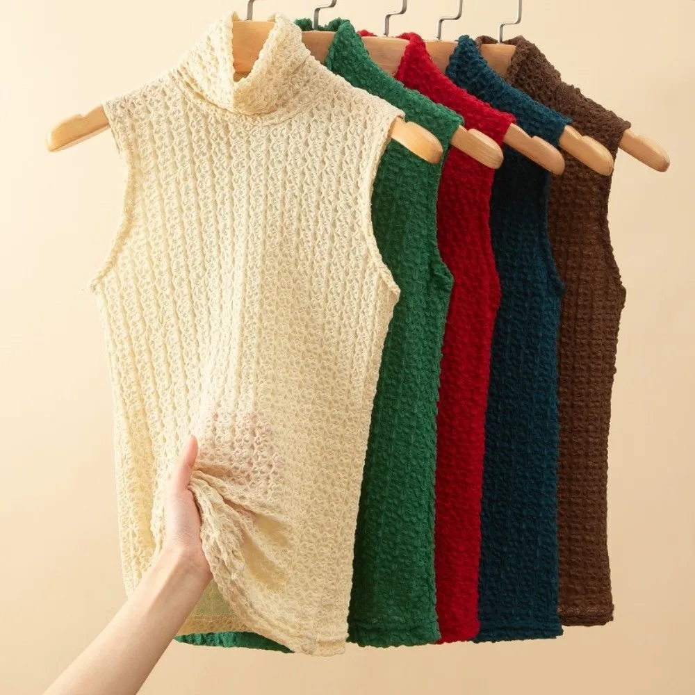 Fashion Turtleneck Collar Tank Top Crinkle Texture Hollow Out Mesh Blouse Sheer Mesh Slim Fit Inner Top Autumn Wear