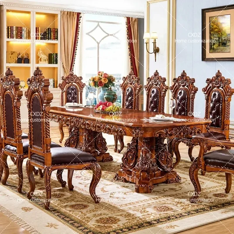 European Marble Dining Table Solid Wood Carved Retractable Square Table for Villa Hotel Clubhouse Home Super Long Western