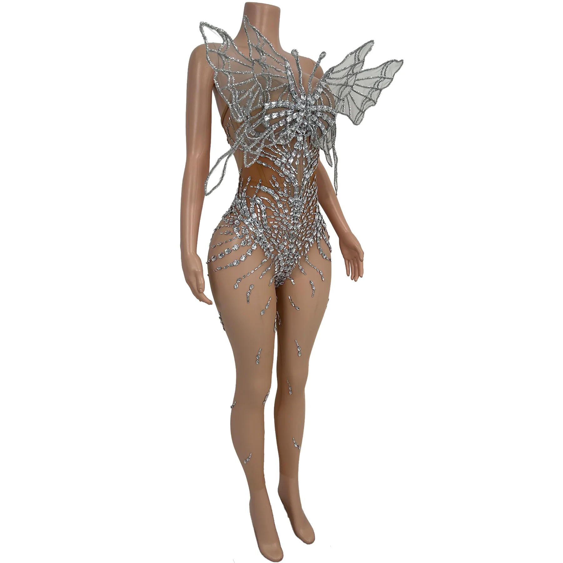 Sparkly Mesh Silver Rhinestone Butterfly Wing Tight Fitting Jumpsuit Night Club Sheer Stage Dance Performance Costume Diexian