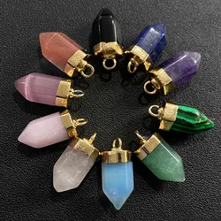 5PCS Natural Reiki Healing Stone Pendant 7x14mm Rose Quartzs Amethysts Opal Hexagonal Column Pendulum Charms For Jewelry Making